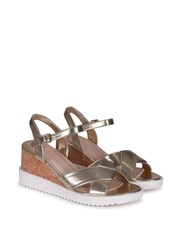 Linzi Gold Infinate Faux Leather Cork Wedges With White Band - Image 3 of 4
