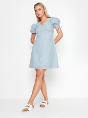 PixieGirl Petite Blue 100% Cotton Tie Front Broderie Dress - Image 1 of 5