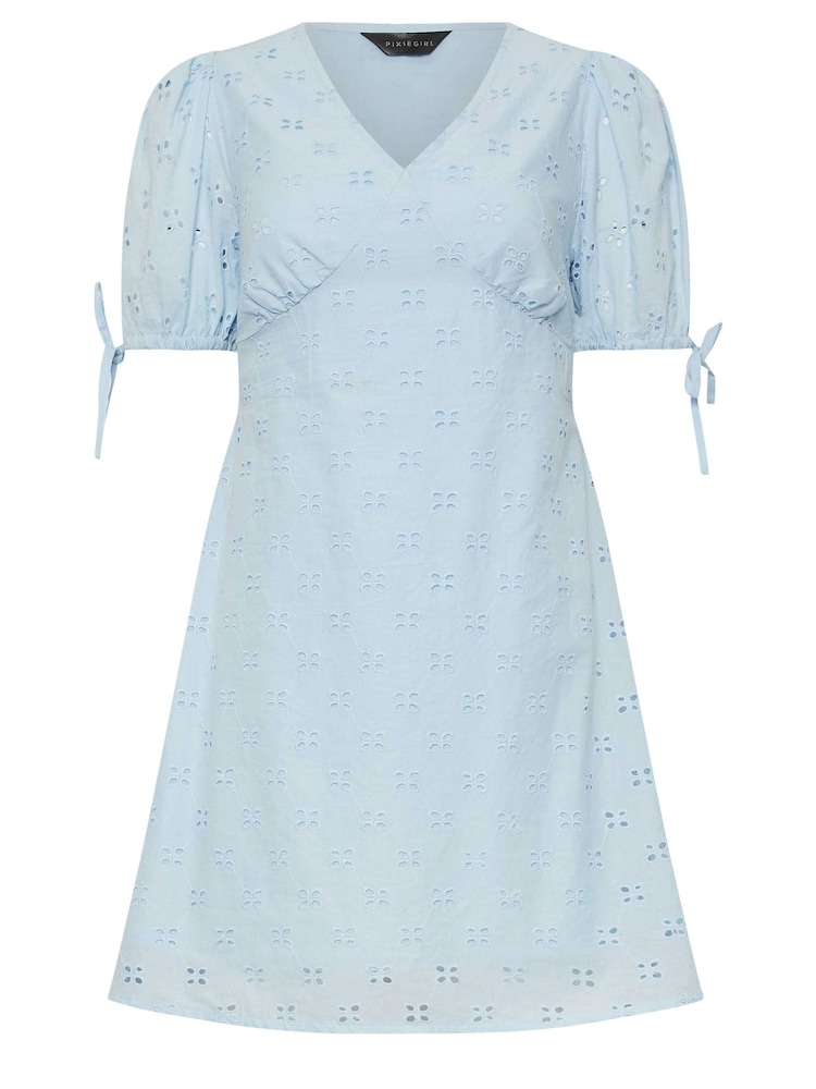 PixieGirl Petite Blue 100% Cotton Tie Front Broderie Dress - Image 5 of 5