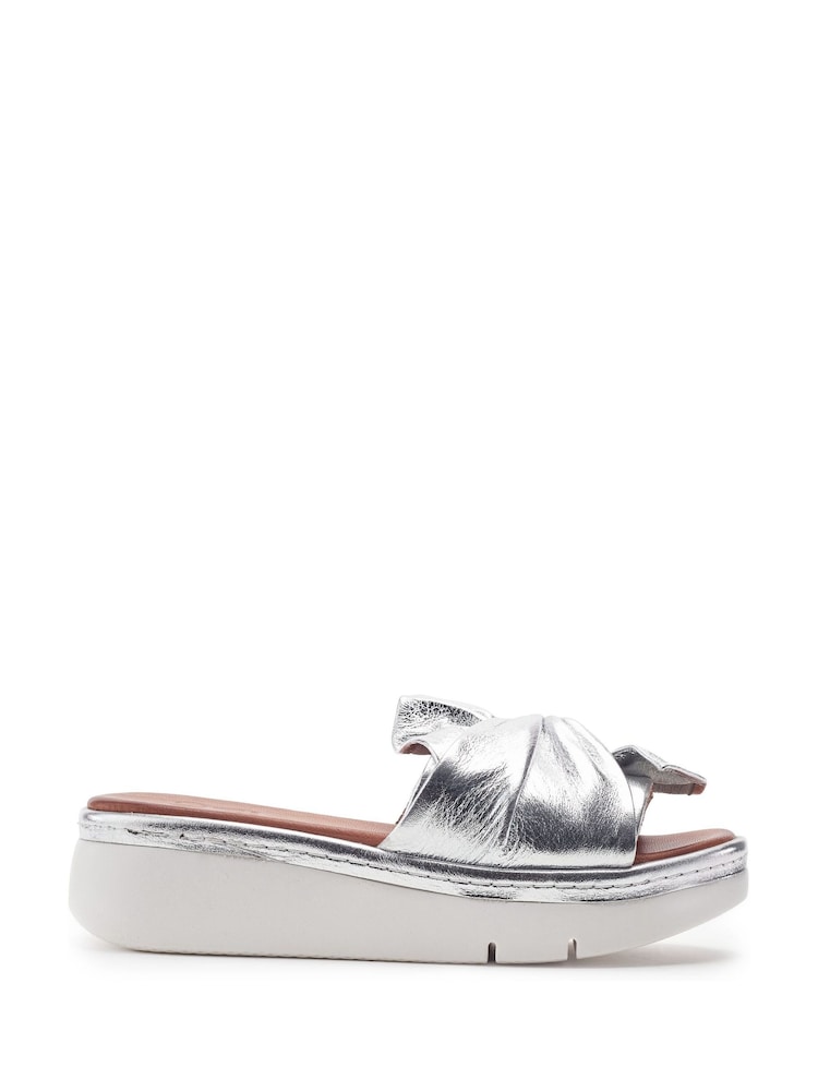 Moda in Pelle Silver Ollin Leather Twist Upper Low Wedge Sliders - Image 1 of 4 Moda in Pelle Silver Ollin Leather Twist Upper Low Wedge Sliders - Image 1 of 4