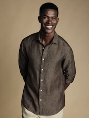 Charles Tyrwhitt Brown Slim Fit Plain Short Sleeve Pure 100% Linen Shirt - Image 1 of 6