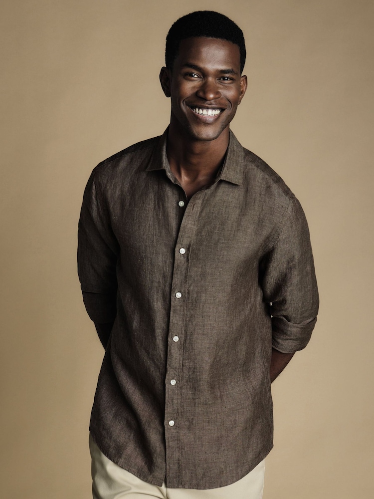 Charles Tyrwhitt Brown Slim Fit Plain Short Sleeve Pure 100% Linen Shirt - Image 1 of 6