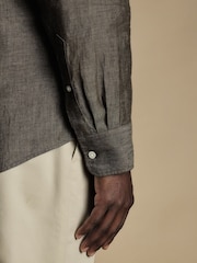 Charles Tyrwhitt Brown Slim Fit Plain Short Sleeve Pure 100% Linen Shirt - Image 3 of 6