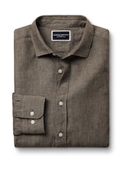 Charles Tyrwhitt Brown Slim Fit Plain Short Sleeve Pure 100% Linen Shirt - Image 4 of 6