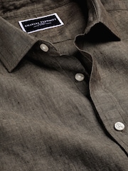 Charles Tyrwhitt Brown Slim Fit Plain Short Sleeve Pure 100% Linen Shirt - Image 5 of 6