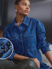 Mid Blue Embellished Denim 100% Cotton Shirt - Image 1 of 9