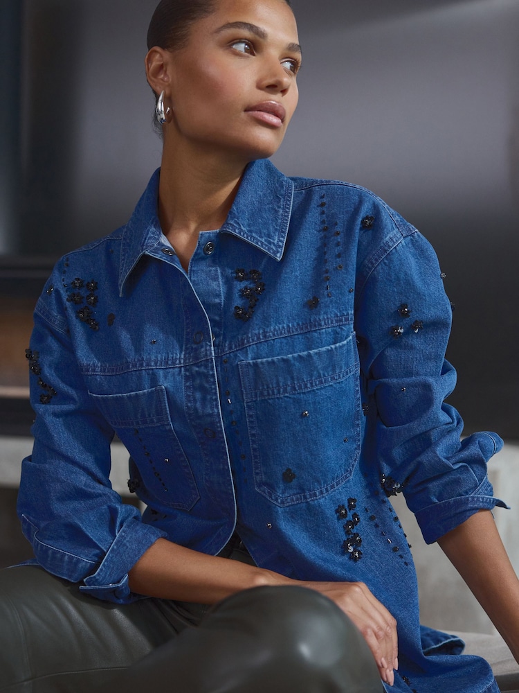 Mid Blue Embellished Denim 100% Cotton Shirt - Image 2 of 9
