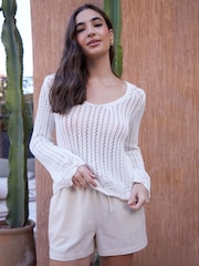 Threadbare White Crochet Pointelle Knitted V-Neck Jumper - Image 3 of 4