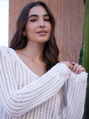 Threadbare White Crochet Pointelle Knitted V-Neck Jumper - Image 4 of 4