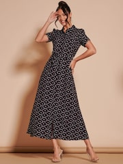 Jolie Moi Black Print Sadie Cotton Blend Shirt Midi Dress - Image 1 of 6