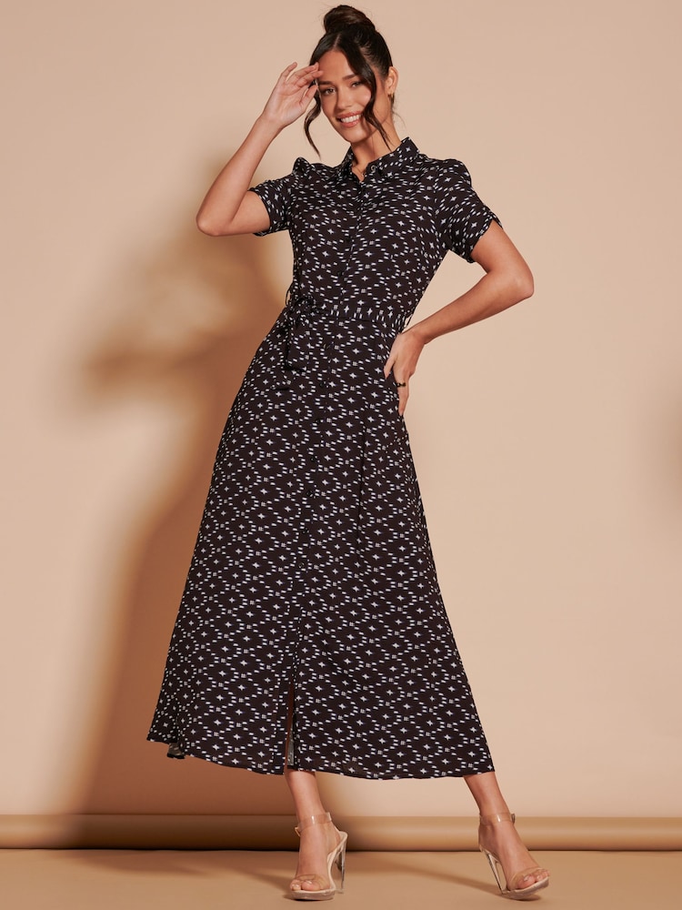 Jolie Moi Black Print Sadie Cotton Blend Shirt Midi Dress - Image 1 of 6