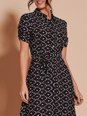 Jolie Moi Black Print Sadie Cotton Blend Shirt Midi Dress - Image 3 of 6