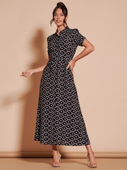 Jolie Moi Black Print Sadie Cotton Blend Shirt Midi Dress - Image 4 of 6