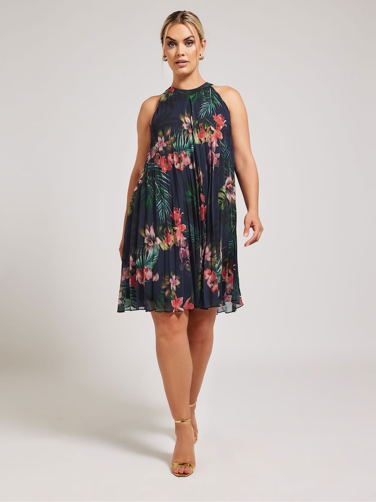 Yours Curve Navy Blue Tropical Print Halter Neck Dress - Image 1 of 5