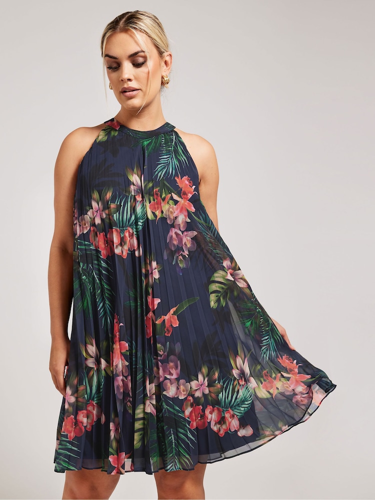 Yours Curve Navy Blue Tropical Print Halter Neck Dress - Image 2 of 5
