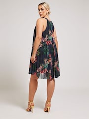 Yours Curve Navy Blue Tropical Print Halter Neck Dress - Image 3 of 5