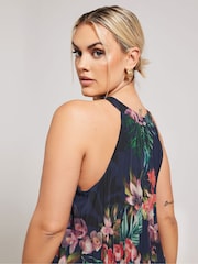 Yours Curve Navy Blue Tropical Print Halter Neck Dress - Image 4 of 5