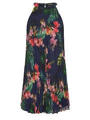 Yours Curve Navy Blue Tropical Print Halter Neck Dress - Image 5 of 5