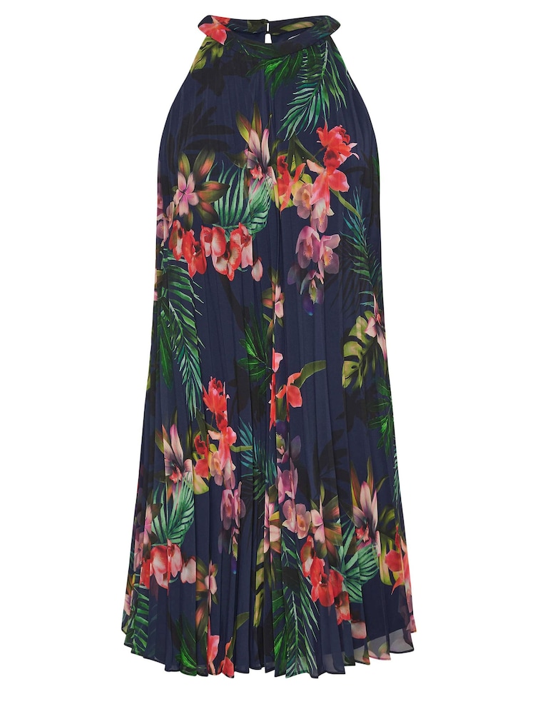 Yours Curve Navy Blue Tropical Print Halter Neck Dress - Image 5 of 5