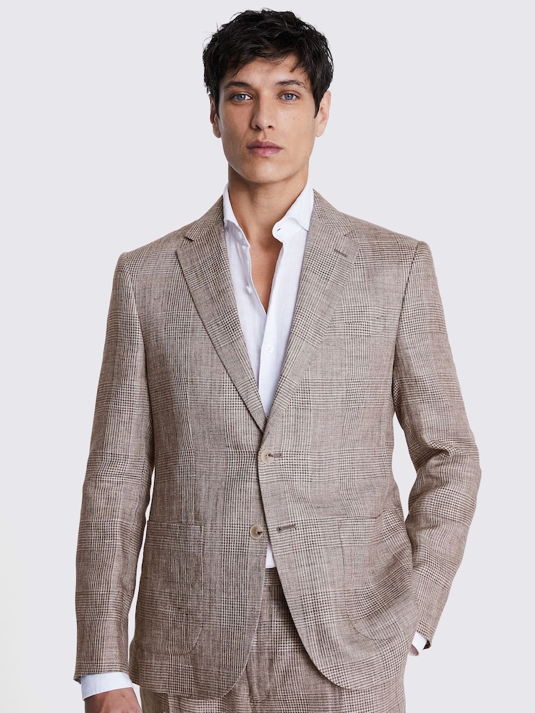 MOSS Brown Slim Fit Check Linen Jacket - Image 1 of 6