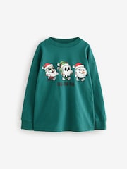 Green Back Print 100% Cotton Long Sleeve Christmas T-Shirt (3-16yrs) - Image 1 of 4
