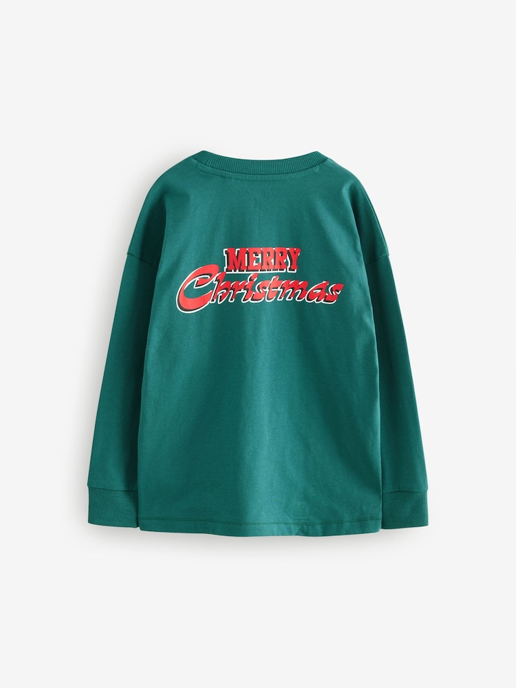 Green Back Print 100% Cotton Long Sleeve Christmas T-Shirt (3-16yrs) - Image 2 of 4