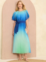 Love & Roses Blue Ombre Petal Sleeve Pleated Belted Midi Dress - Image 1 of 4