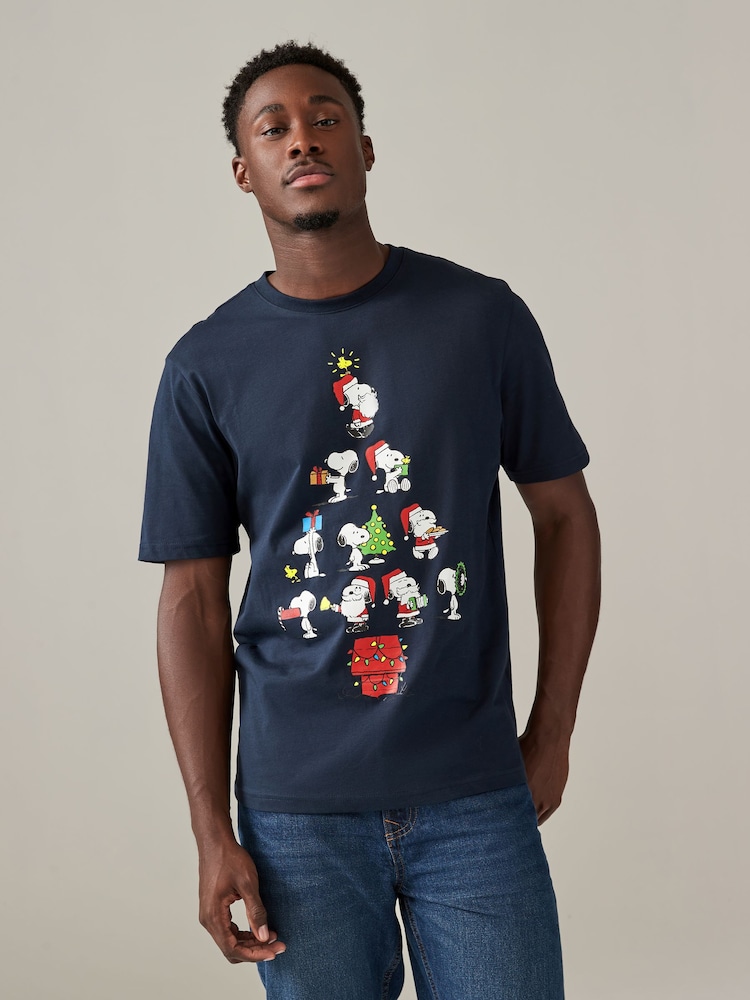 Navy Snoopy 100% Cotton Licence Christmas T-Shirt - Image 1 of 6