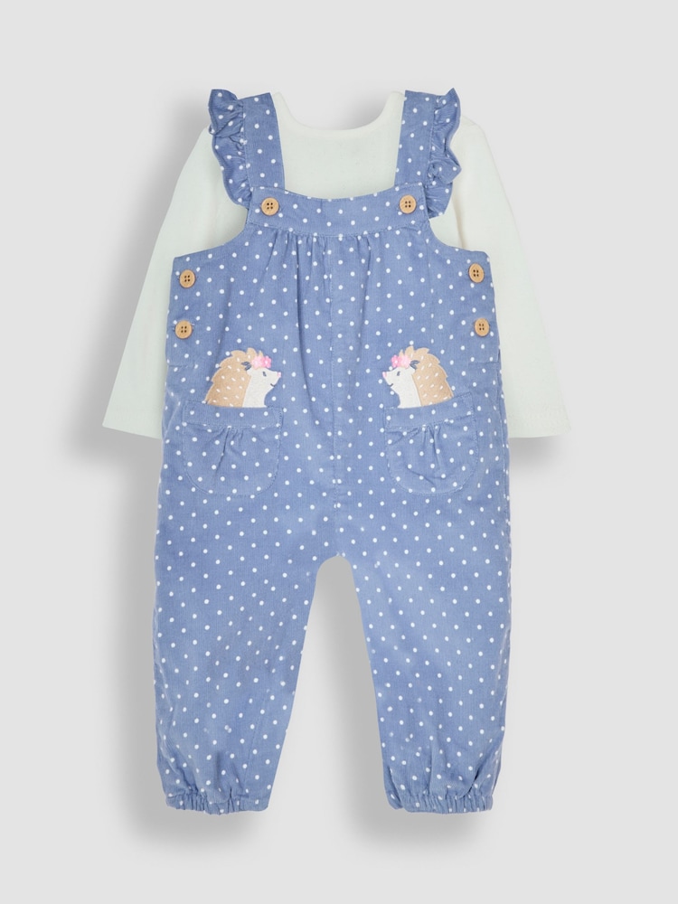 JoJo Maman Bébé Blue Hedgehog Appliqué Cord Dungarees & Top Set - Image 1 of 6