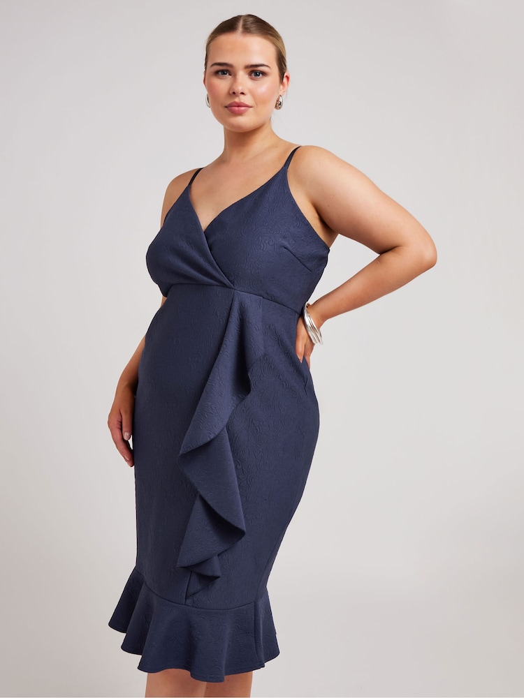 Yours Curve Navy Blue LONDON Ruffle Jacquard Dress - Image 1 of 5