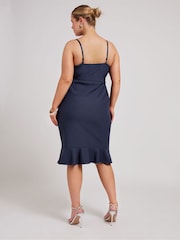 Yours Curve Navy Blue LONDON Ruffle Jacquard Dress - Image 3 of 5