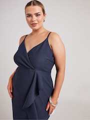 Yours Curve Navy Blue LONDON Ruffle Jacquard Dress - Image 4 of 5