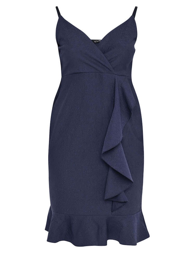 Yours Curve Navy Blue LONDON Ruffle Jacquard Dress - Image 5 of 5