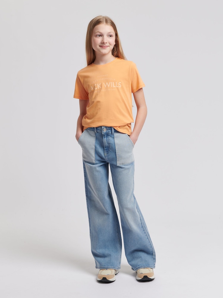 Jack Wills Blue Girls Wide Leg Reverse Pocket 100% Cotton Jeans - Image 4 of 4