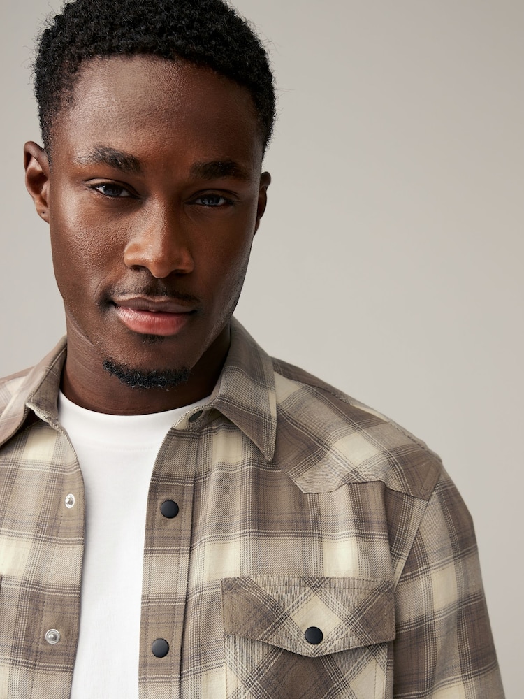 Stone Natural Short Sleeve Check Twin Pocket Western 100% Cotton Shirt - Image 1 of 8