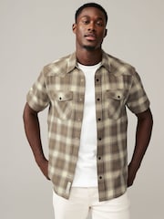Stone Natural Short Sleeve Check Twin Pocket Western 100% Cotton Shirt - Image 2 of 8