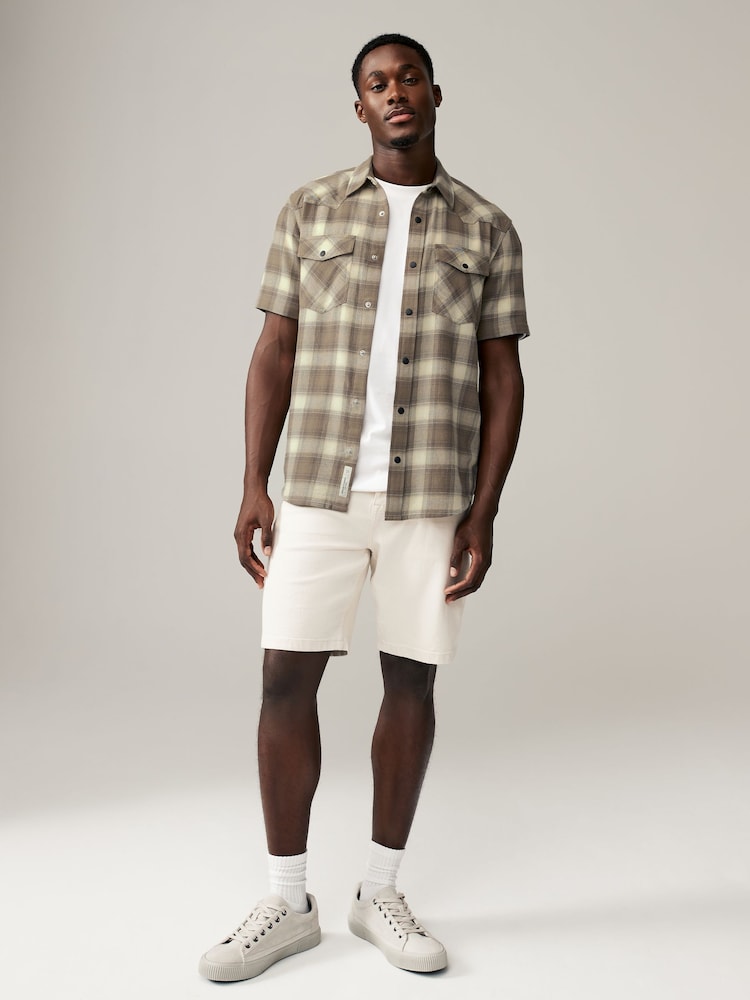 Stone Natural Short Sleeve Check Twin Pocket Western 100% Cotton Shirt - Image 3 of 8