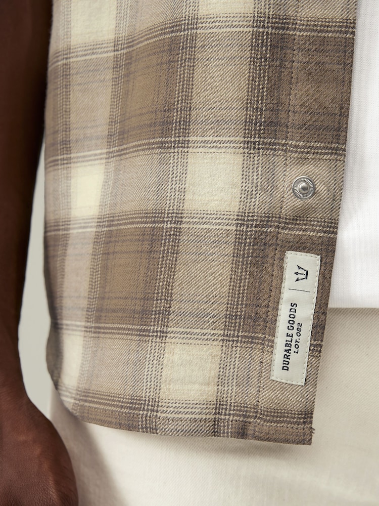 Stone Natural Short Sleeve Check Twin Pocket Western 100% Cotton Shirt - Image 5 of 8