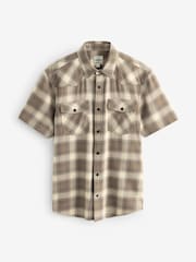Stone Natural Short Sleeve Check Twin Pocket Western 100% Cotton Shirt - Image 6 of 8
