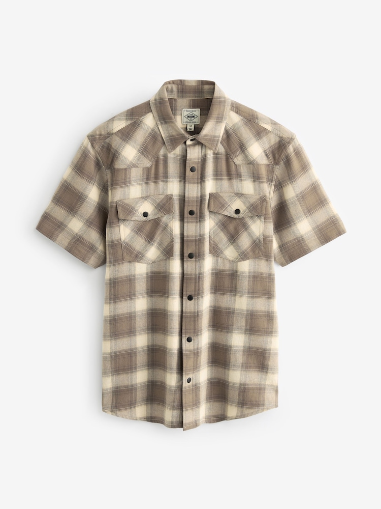 Stone Natural Short Sleeve Check Twin Pocket Western 100% Cotton Shirt - Image 6 of 8