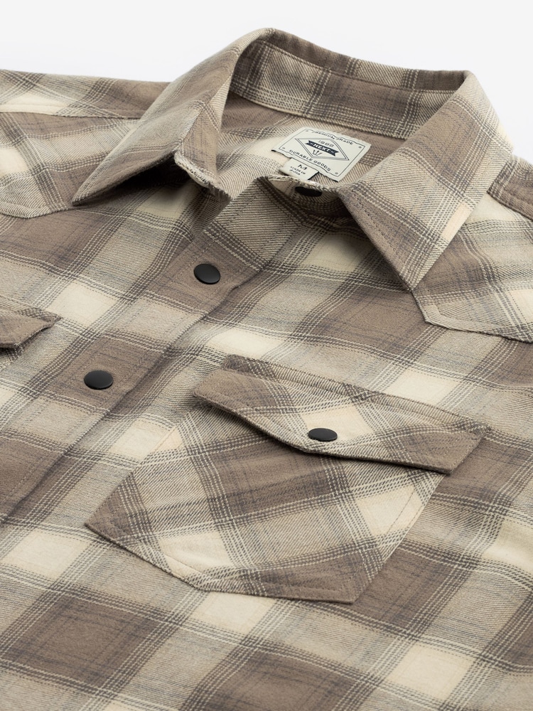 Stone Natural Short Sleeve Check Twin Pocket Western 100% Cotton Shirt - Image 7 of 8