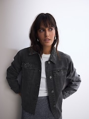 Black Diamanté 100% Cotton Denim Jacket - Image 1 of 8
