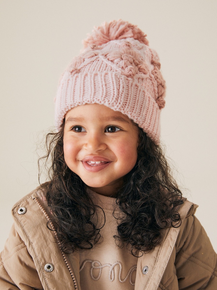 Pink Hand Crafted Pom Beanie Hat (3-10yrs) - Image 1 of 6