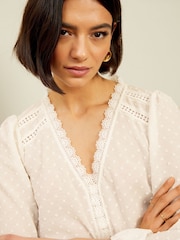 Love & Roses White Petite V Neck Lace Trim Dobby Blouse - Image 2 of 4
