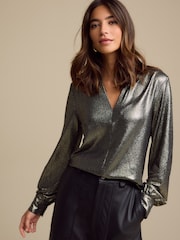 Gold Long Sleeve Shimmer V-Neck Blouse - Image 1 of 6