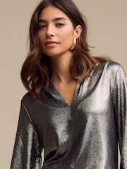 Gold Long Sleeve Shimmer V-Neck Blouse - Image 4 of 6
