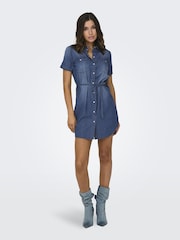 JDY Blue Short Sleeve Tie Waist Denim Dress - Image 1 of 6
