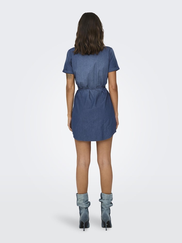 JDY Blue Short Sleeve Tie Waist Denim Dress - Image 2 of 6