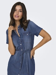 JDY Blue Short Sleeve Tie Waist Denim Dress - Image 3 of 6
