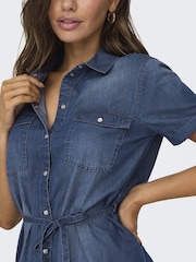 JDY Blue Short Sleeve Tie Waist Denim Dress - Image 4 of 6